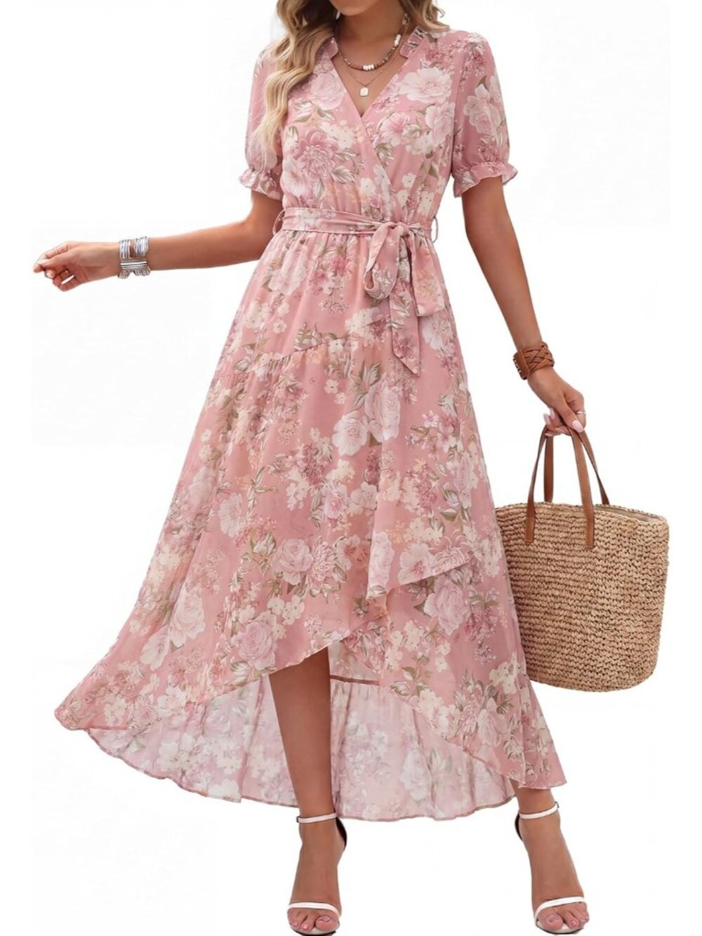 Women's Floral Pink Puff Sleeve Wrap Ruffle Chiffon Imported Maxi Dress
